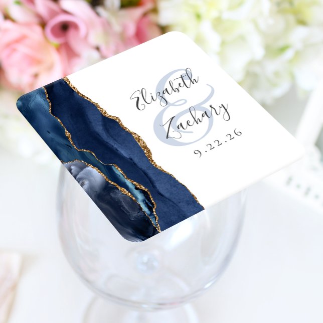 Posavasos Cuadrado De Papel Agate Geode Script Navy Blue Gold Boda (Subido por el creador)