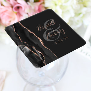 Posavasos Cuadrado De Papel Agate Geode Script Rosa negro Boda dorado oscuro