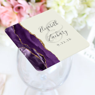 Posavasos Cuadrado De Papel Agate Purple Gold Boda de marfil