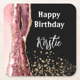 Posavasos Cuadrado De Papel Agate Rubor Pink Black Rosa Gold Purpurina Birthda