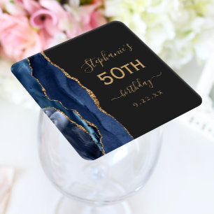 Posavasos Cuadrado De Papel Agate Script Azul Marino Dorado Oscuro Cumpleaños