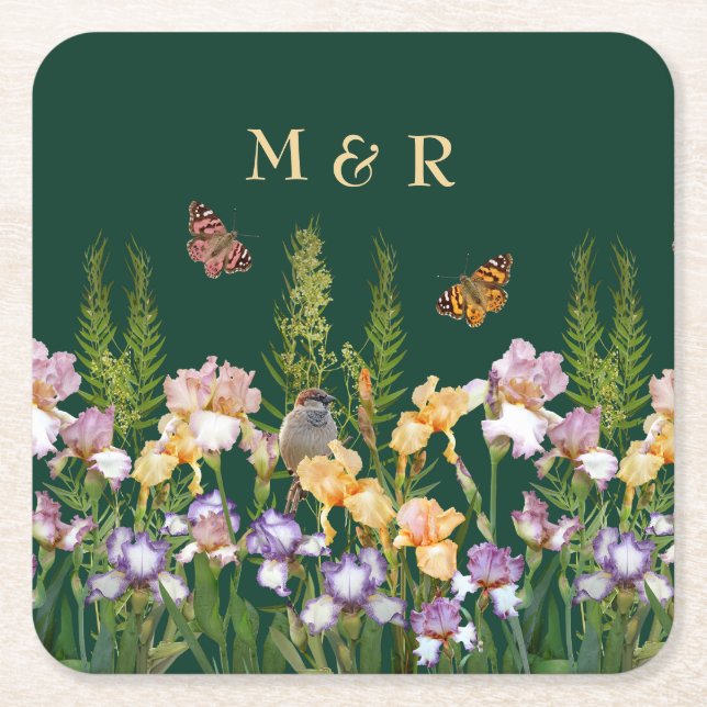 Posavasos Cuadrado De Papel Agradables irlandeses, mariposas pájaros Monograma (Anverso)