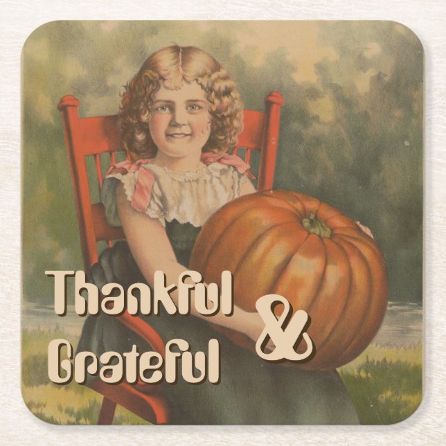 Posavasos Cuadrado De Papel Agradecido y agradecido | Chica de cosecha con cal (Anverso)