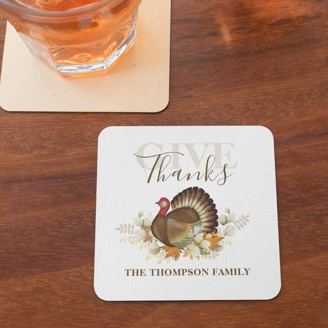 Posavasos Cuadrado De Papel Agradecimiento a Turquía elegante simple dar graci (Thanksgiving Turkey holiday custom paper coaster)