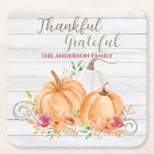 Posavasos Cuadrado De Papel Agradecimiento   Acuarela de calabaza otoñal