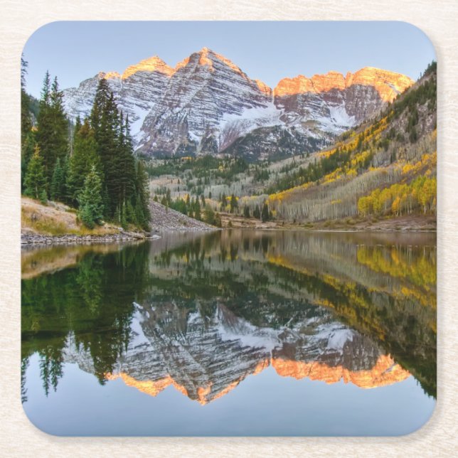 Posavasos Cuadrado De Papel Agua | Maroon Bells Lake Aspen Trees (Anverso)