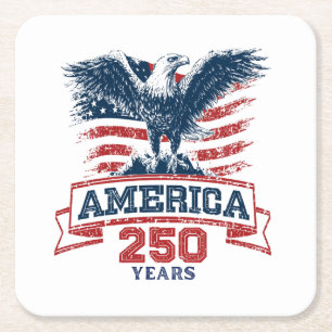 Posavasos Cuadrado De Papel Águila Americana Patriótica Feliz 250 Aniversario