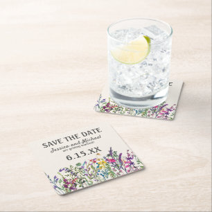 Posavasos Cuadrado De Papel Ahorro de Boda Fecha Acuarela Flores Silvestres Fl