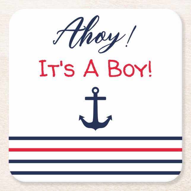 Posavasos Cuadrado De Papel ¡Ahoy es un chico! Baby Shower naumático (Anverso)