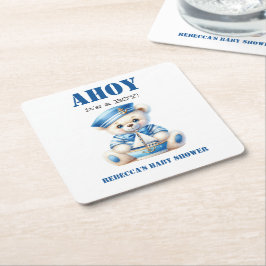 Posavasos Cuadrado De Papel Ahoy Nautical Blue Sailor Bear Boy Baby Shower