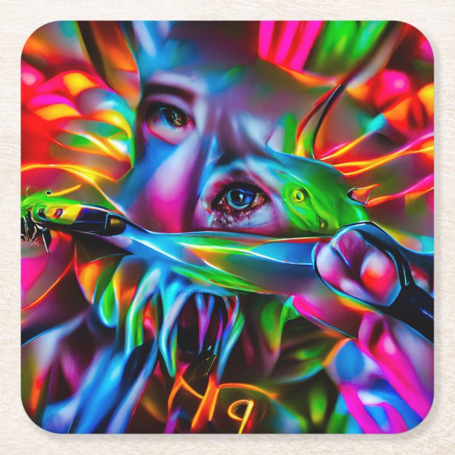 Posavasos Cuadrado De Papel Aichmofobia: Vivid Surreal Art (Anverso)