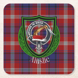 Posavasos Cuadrado De Papel Ainslie Scottish Clan Tartan & Escudo