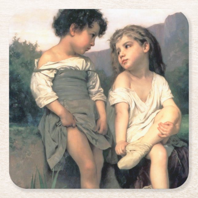 Posavasos Cuadrado De Papel Al borde del Brook, Bouguereau (Anverso)