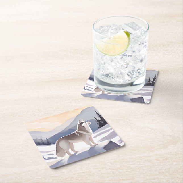 Posavasos Cuadrado De Papel Alaskan Husky | Dog Mountain Watercolor (In situ)