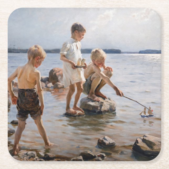 Posavasos Cuadrado De Papel Albert Edelfelt - Niños jugando en la costa (Anverso)