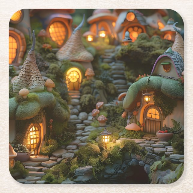 Posavasos Cuadrado De Papel Aldea de Gnome (Anverso)