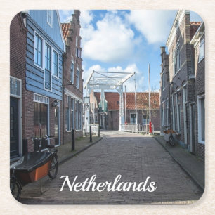 Posavasos Cuadrado De Papel Aldea holandesa con puente tradicional de madera