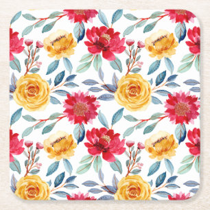Posavasos Cuadrado De Papel Alegre patrón floral de acuarela en rosa amarilla