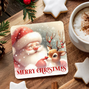 Posavasos Cuadrado De Papel Alegre Santa Claus Rudolph Bebida de Navidad
