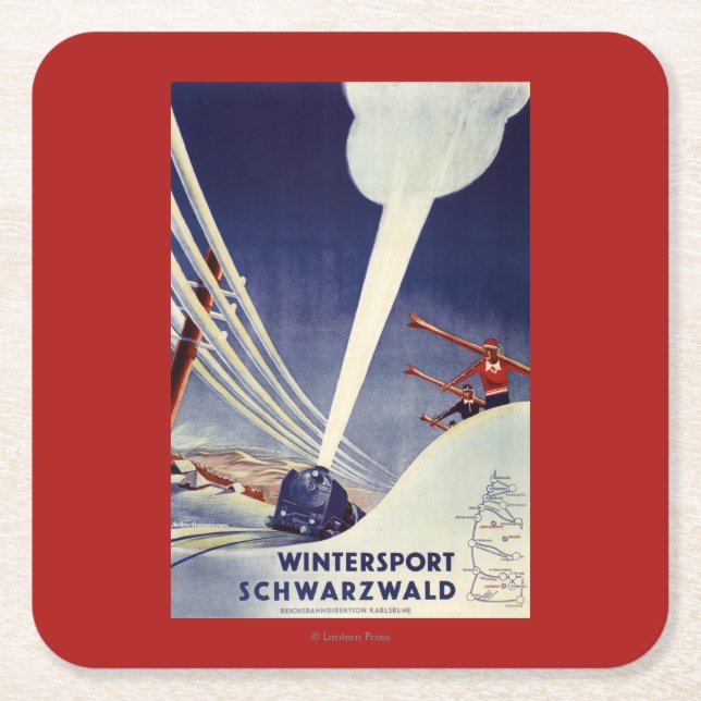 Posavasos Cuadrado De Papel Alemania - esquí en el bosque negro (Anverso)
