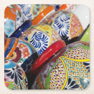 Posavasos Cuadrado De Papel Alfarería mexicana tradicional colorida pintada a