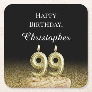 Posavasos Cuadrado De Papel Alfombra de cumpleaños 99 negro, blanco y dorado