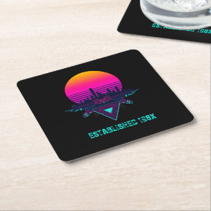 Posavasos Cuadrado De Papel Alfombra de escritorio de ciudad retro synthwave d