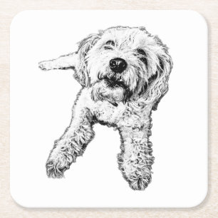 Posavasos Cuadrado De Papel Alfombra de perro tumbado Coaster negro y blanco