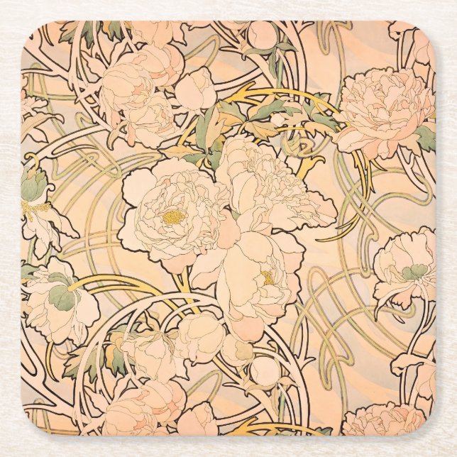 Posavasos Cuadrado De Papel Alfonse Mucha Art Nouveau Peonies (Anverso)