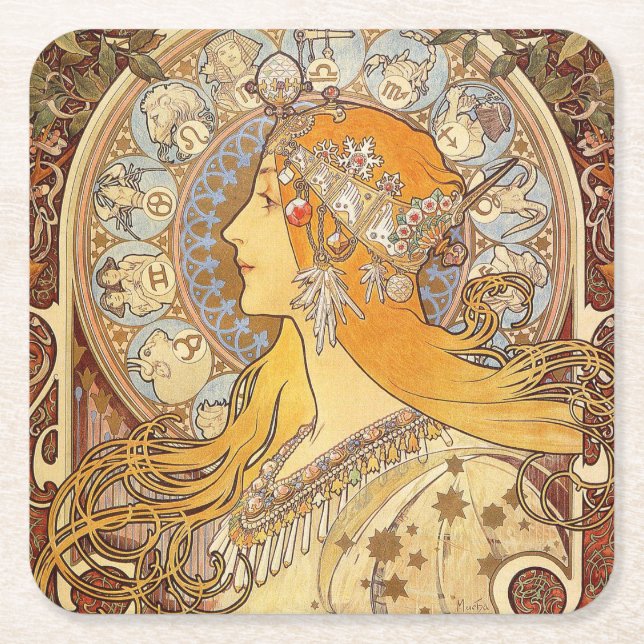 Posavasos Cuadrado De Papel Alfonse Mucha Zodiac Art Nouveau Mujer (Anverso)