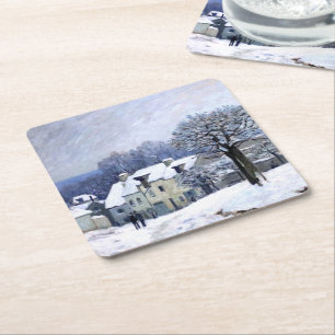 Posavasos Cuadrado De Papel Alfred Sisley Place du Chenil en Marly, nieve