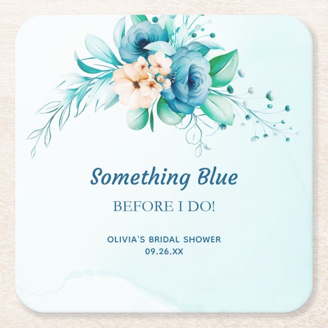 Posavasos Cuadrado De Papel Algo Azul Antes de Hacerlo Ducha Floral de Novia (Anverso)