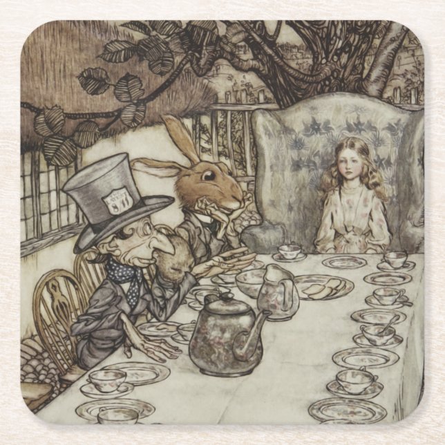 Posavasos Cuadrado De Papel Alice Birthday Uncumpleaños Rabbit Hatter Fiesta (Anverso)