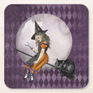 Posavasos Cuadrado De Papel Alicia de Halloween en la luna de gatos de Cheshir