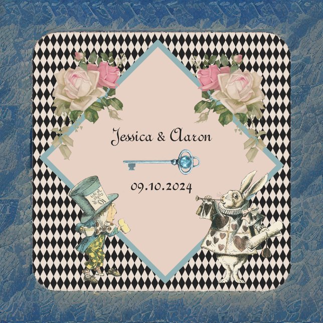 Posavasos Cuadrado De Papel Alicia en el Harlequin de Maravilla Boda Azul Negr (Subido por el creador)