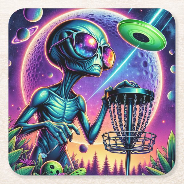 Posavasos Cuadrado De Papel Alien Disk Golf (Anverso)