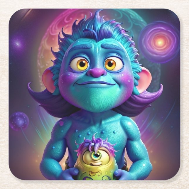 Posavasos Cuadrado De Papel Alien espacial y amigo (Anverso)