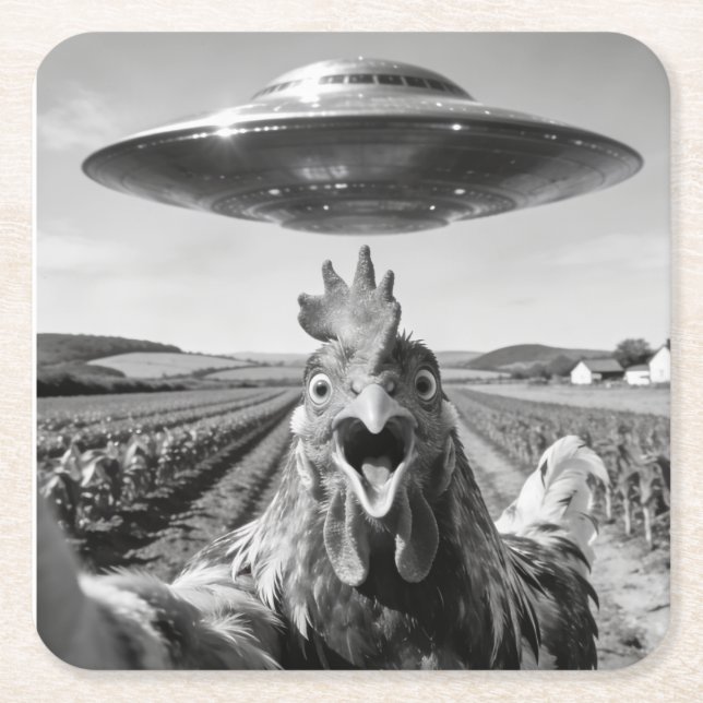 Posavasos Cuadrado De Papel Alien UFO Chicken Art Abduction SciFi Humor (Anverso)