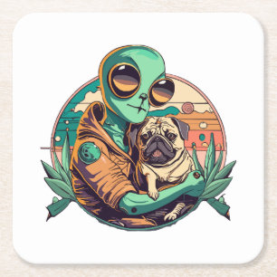Posavasos Cuadrado De Papel Alienígena y Pug