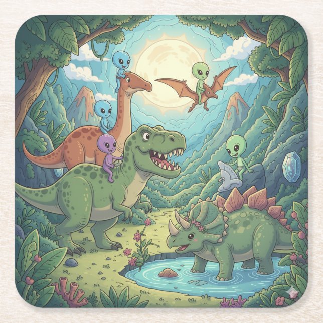 Posavasos Cuadrado De Papel Aliens and Dinosaurs Adventure (Anverso)