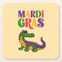Posavasos Cuadrado De Papel Alligador del Mardi Gras, Fiesta del Mardi Gras