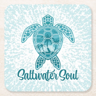 Posavasos Cuadrado De Papel Alma de agua salada tortuga tropical marina con pa