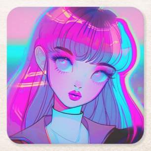 Posavasos Cuadrado De Papel Almohadilla de papel cuadrada de chica anime neon 