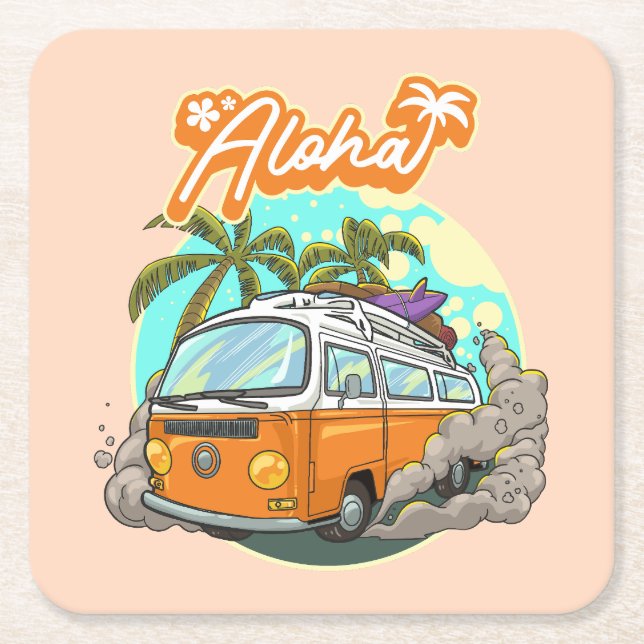 Posavasos Cuadrado De Papel Aloha Retro Surf Van (Anverso)
