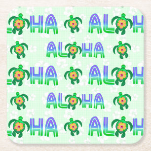 Posavasos Cuadrado De Papel Aloha verde púrpura hawaiana tortuga tropical
