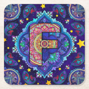 Posavasos Cuadrado De Papel Alphabet F mandala