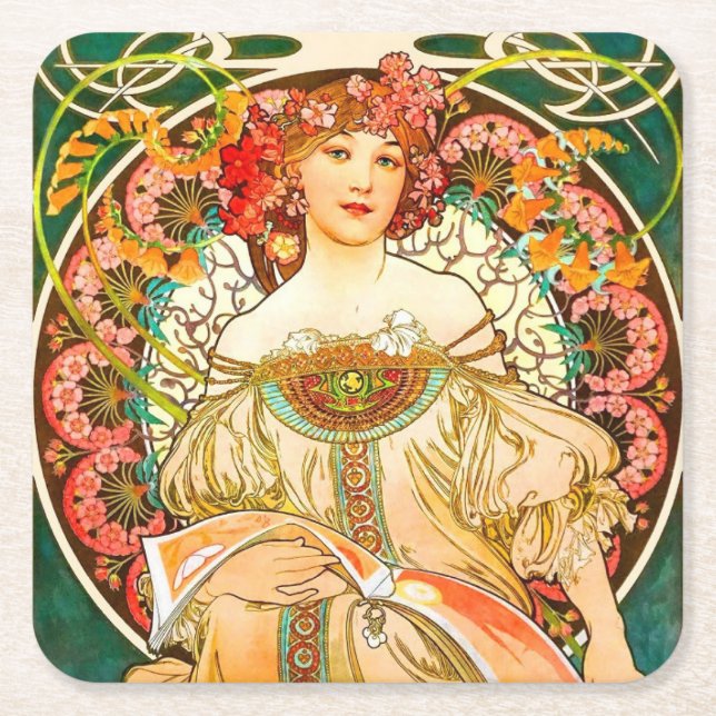 Posavasos Cuadrado De Papel Alphonse Mucha Art Nouveau Daydream (Anverso)