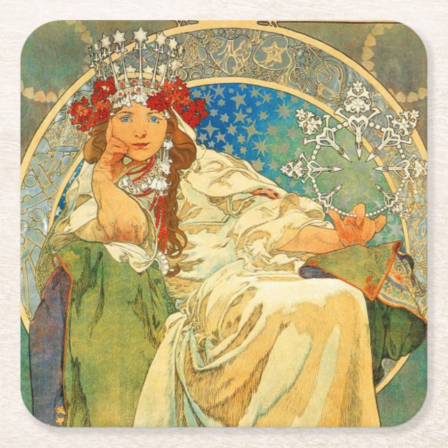 Posavasos Cuadrado De Papel Alphonse Mucha Art Nouveau Princess Hyacinth (Anverso)