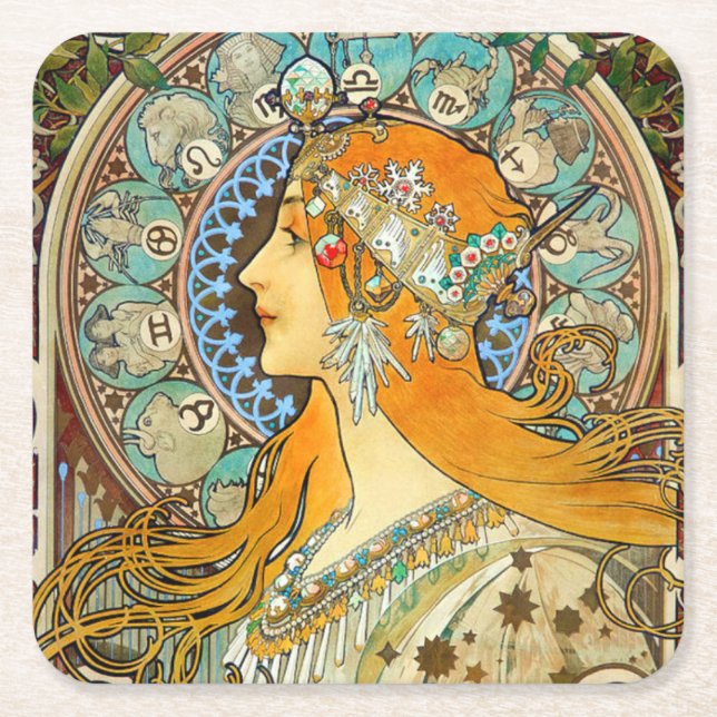 Posavasos Cuadrado De Papel Alphonse Mucha Art Nouveau Zodiac (Anverso)
