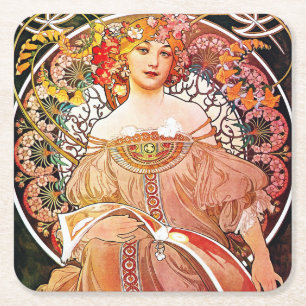 Posavasos Cuadrado De Papel Alphonse Mucha Daydream Floral Vintage Art Nouveau